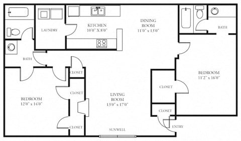 Floor plan for 2 beds, 2 baths, 1089 sqft